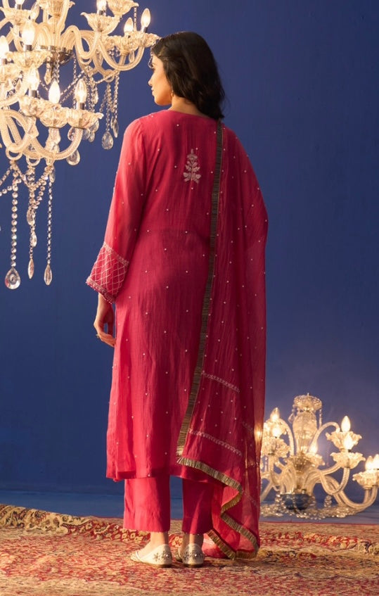Fuschia Pink Mul Chanderi Chikankari Kurta Set