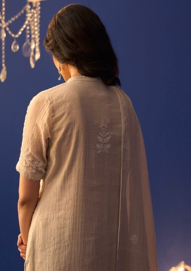 Grey Silver Tissue Chikankari Kurta Set with Palazzo Pants