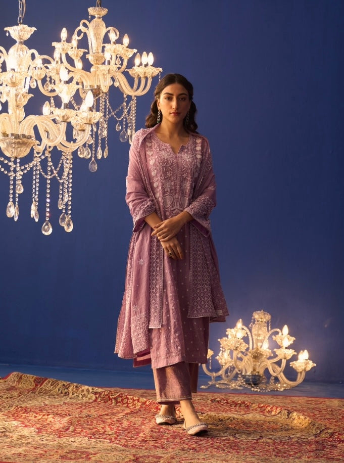 Purple Zari Striped Tissue Chikankari Kurta Set