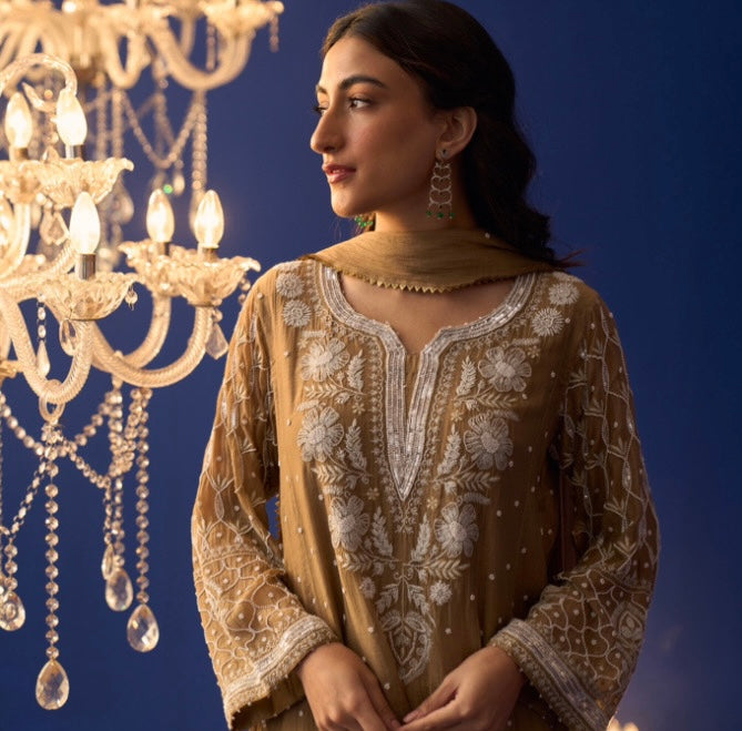 Brown Mul Chanderi Chikankari Kalidar Kurta Set