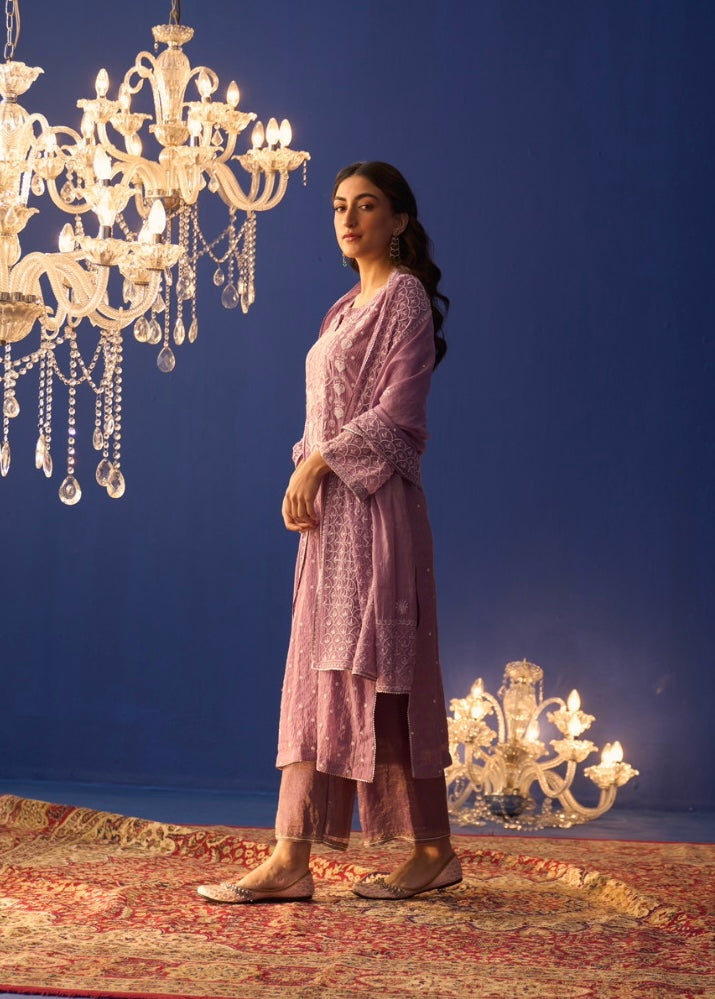 Purple Zari Striped Tissue Chikankari Kurta Set