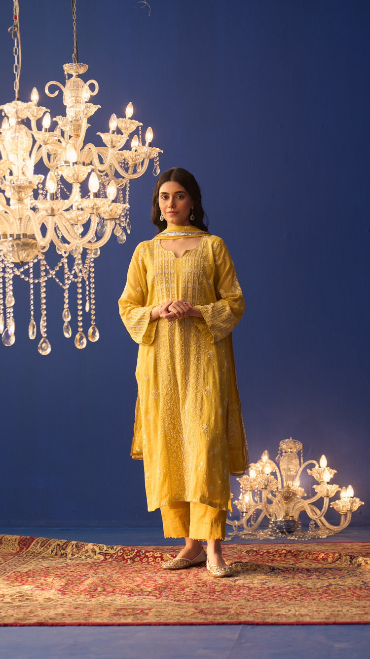 Yellow Tissue Chikankari Straight Kurta Set