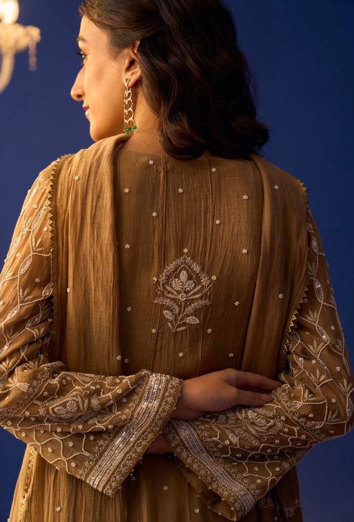 Brown Mul Chanderi Chikankari Kalidar Kurta Set