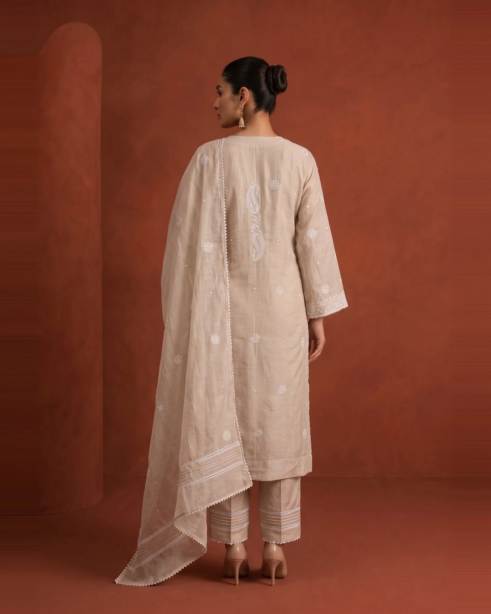 Beige Silver Tissue Full Jaal Kurta Set
