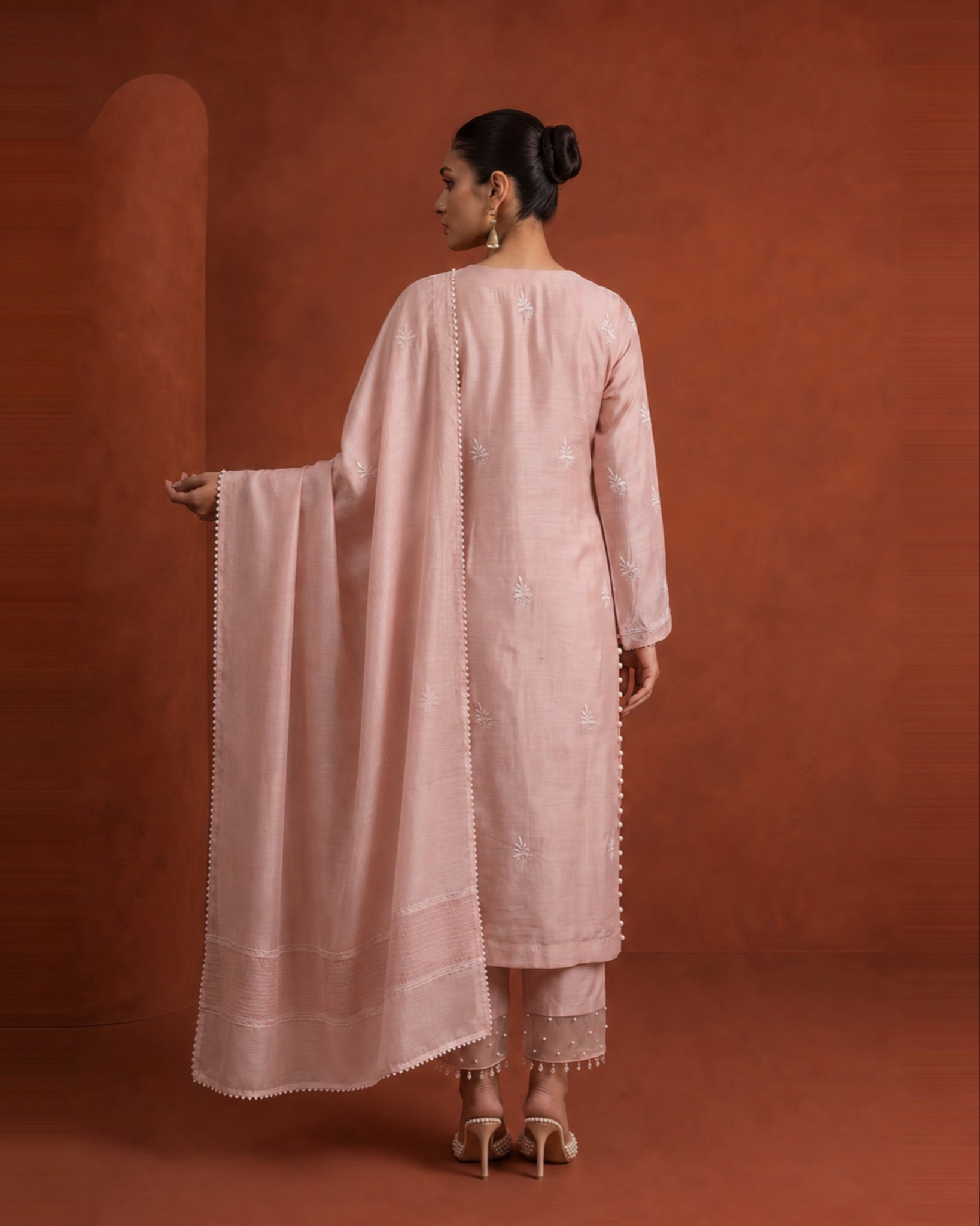 Pastel Pink Moonga Silk Kurta Set with Paisley Jaal