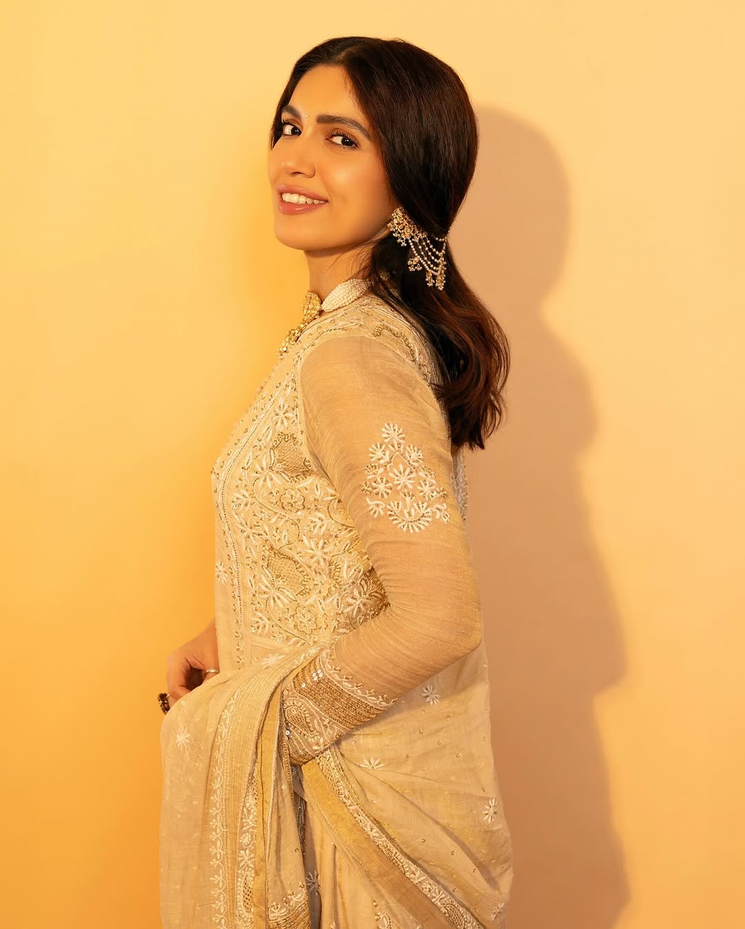 Bhumi Pednekar in our gold tissue a-line kurta with signature sequins dupatta