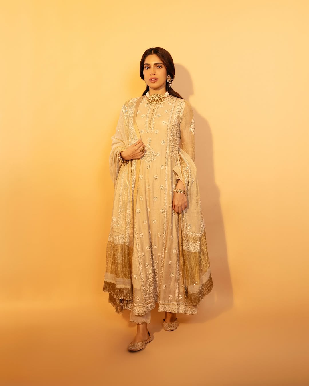 Bhumi Pednekar in our gold tissue a-line kurta with signature sequins dupatta