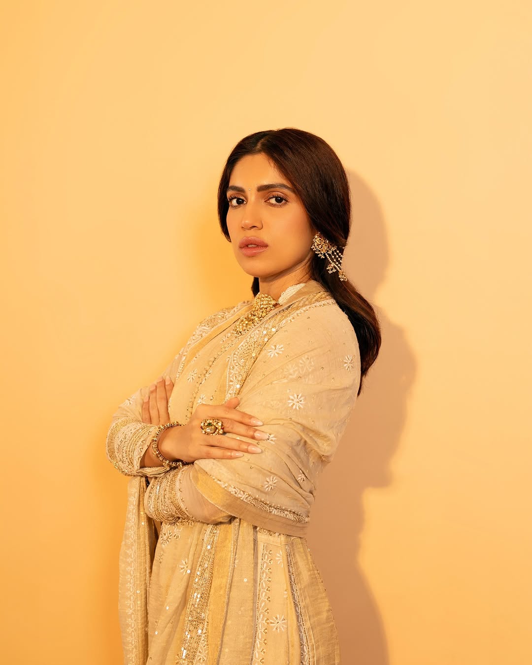 Bhumi Pednekar in our gold tissue a-line kurta with signature sequins dupatta