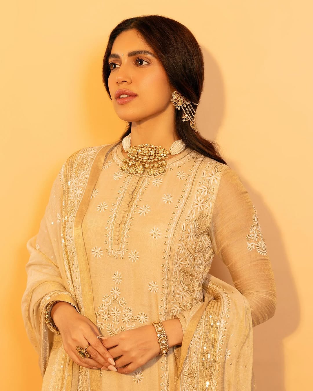 Bhumi Pednekar in our gold tissue a-line kurta with signature sequins dupatta