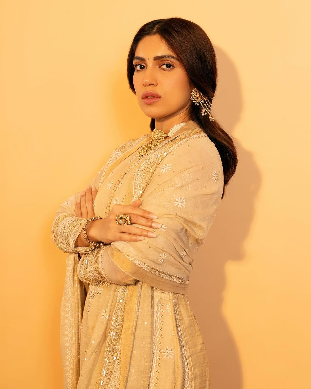 Bhumi Pednekar in our gold tissue a-line kurta with signature sequins dupatta