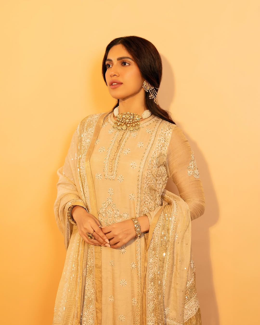 Bhumi Pednekar in our gold tissue a-line kurta with signature sequins dupatta
