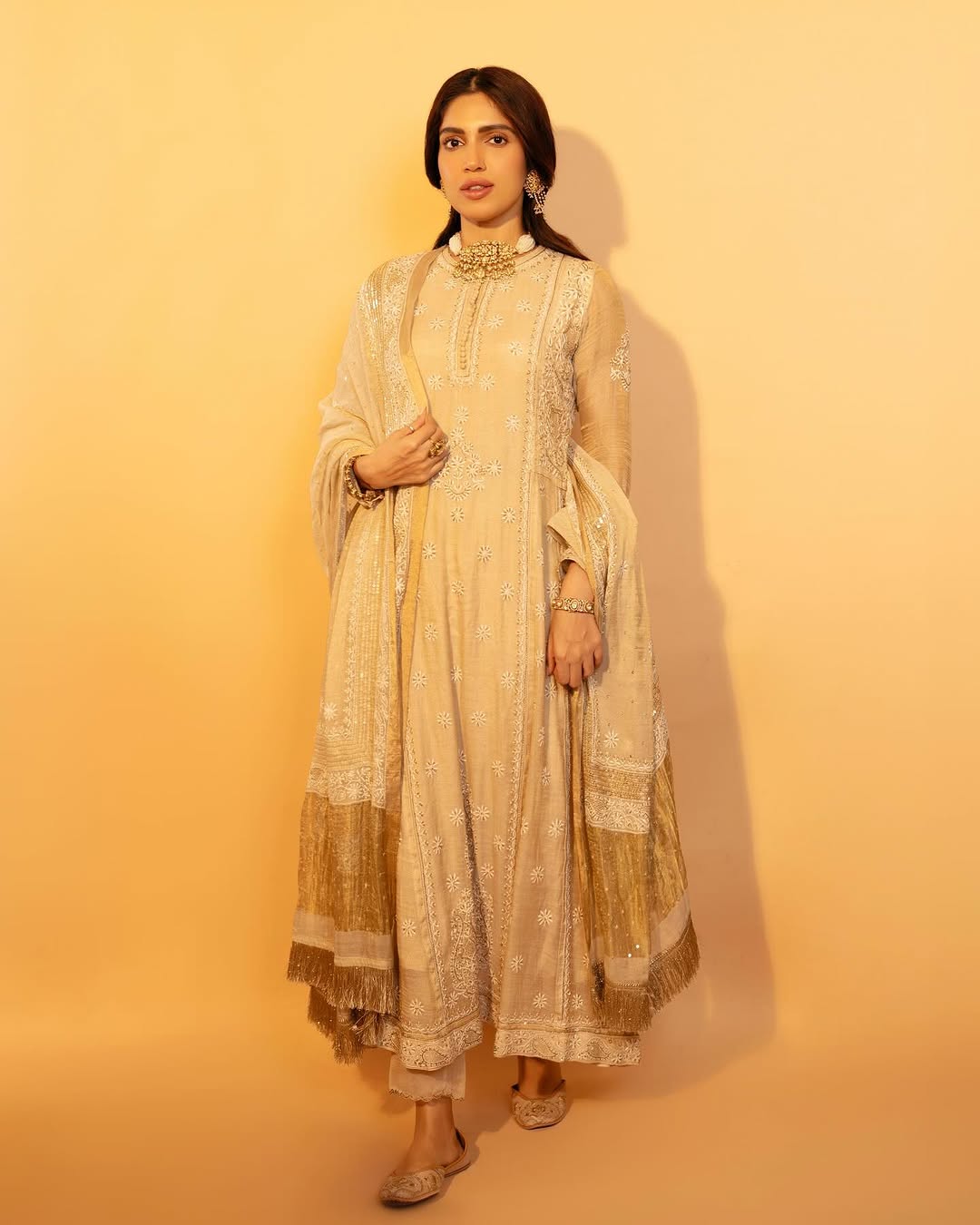 Bhumi Pednekar in our gold tissue a-line kurta with signature sequins dupatta