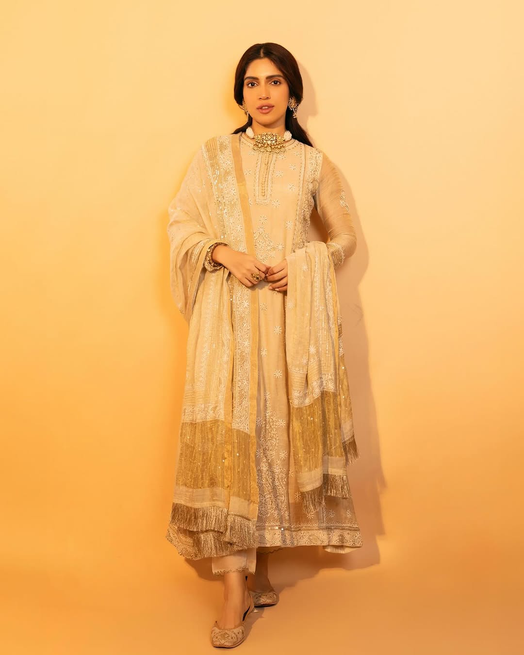 Bhumi Pednekar in our gold tissue a-line kurta with signature sequins dupatta