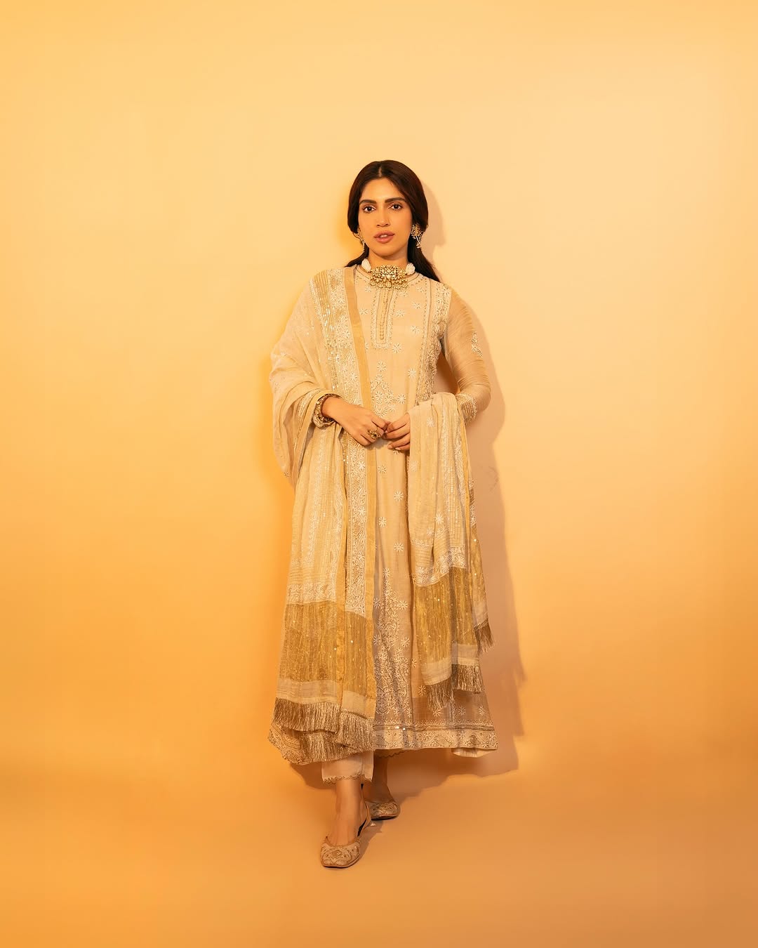Bhumi Pednekar in our gold tissue a-line kurta with signature sequins dupatta