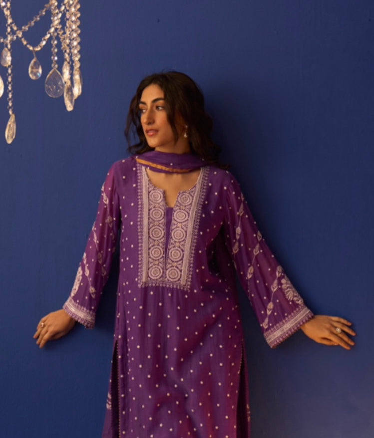 Dark Purple Mul Chanderi Chikankari Straight Kurta Set with pleated pants