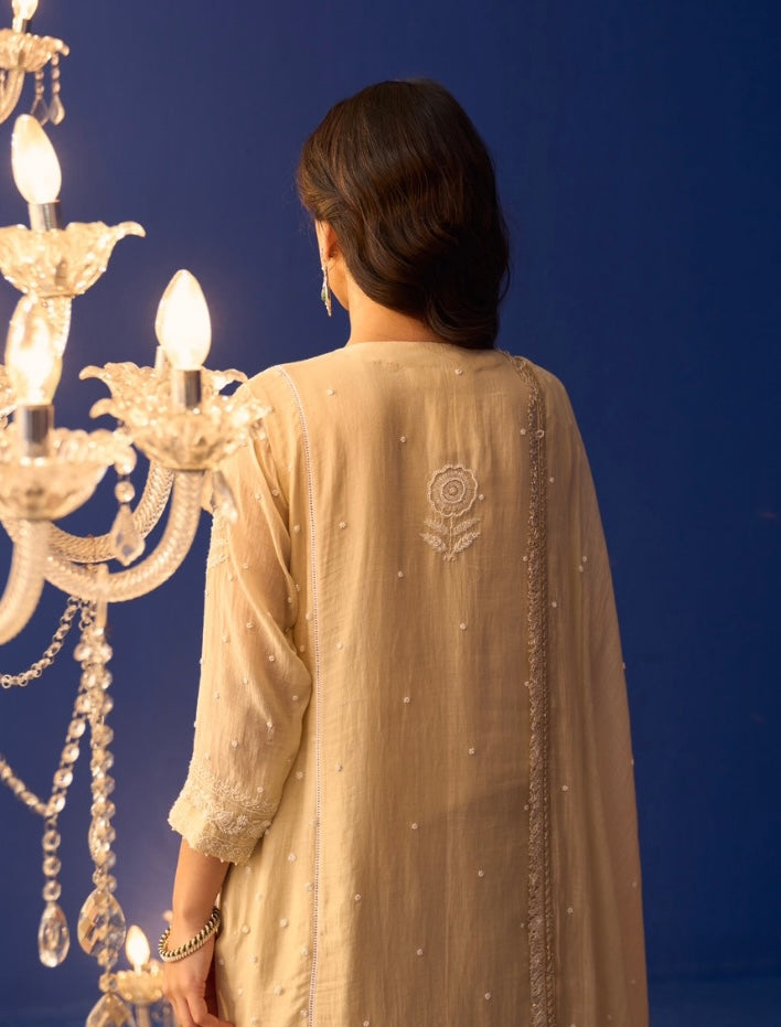 Cream Mul Chanderi Chikankari Straight Kurta Set