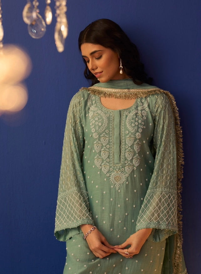 Sea Green Mul Chanderi Chikankari Kurta Set with Moroccan sleeves