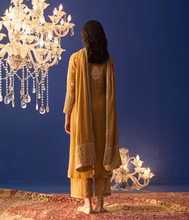 Mustard Yellow Tissue Chikankari Center Panel Kurta Set