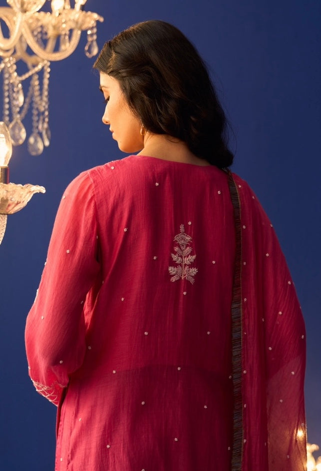 Fuschia Pink Mul Chanderi Chikankari Kurta Set