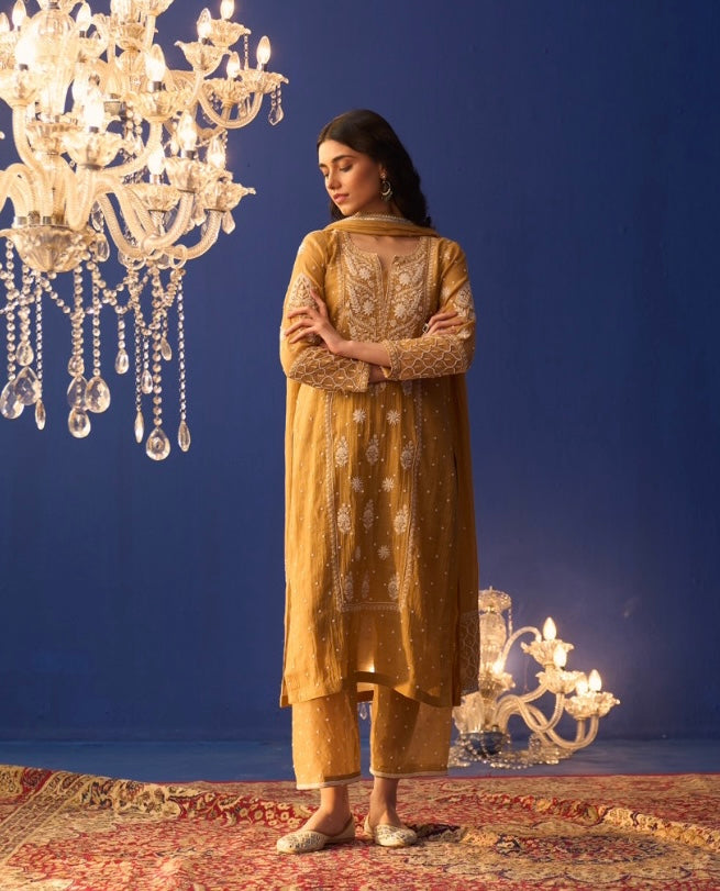 Mustard Yellow Tissue Chikankari Center Panel Kurta Set