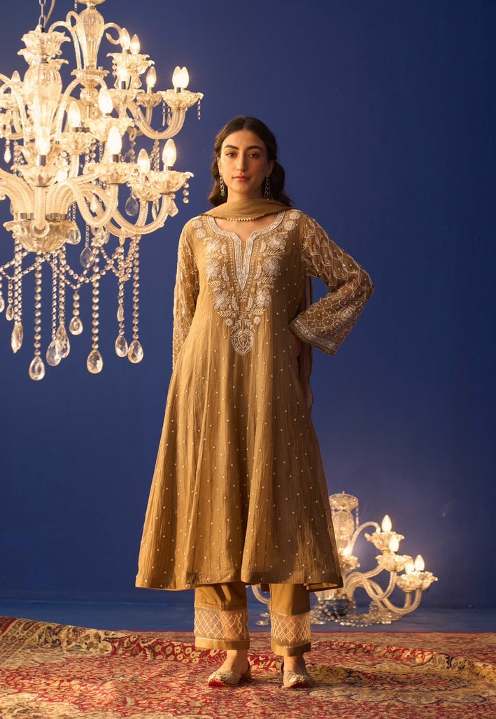 Brown Mul Chanderi Chikankari Kalidar Kurta Set