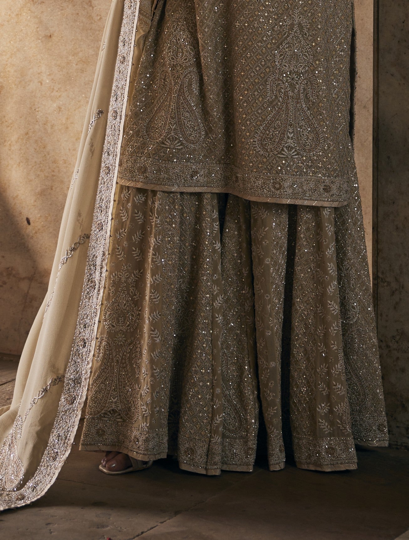 Kalki Sharara Set - Beige Georgette Paisley Sharara Set