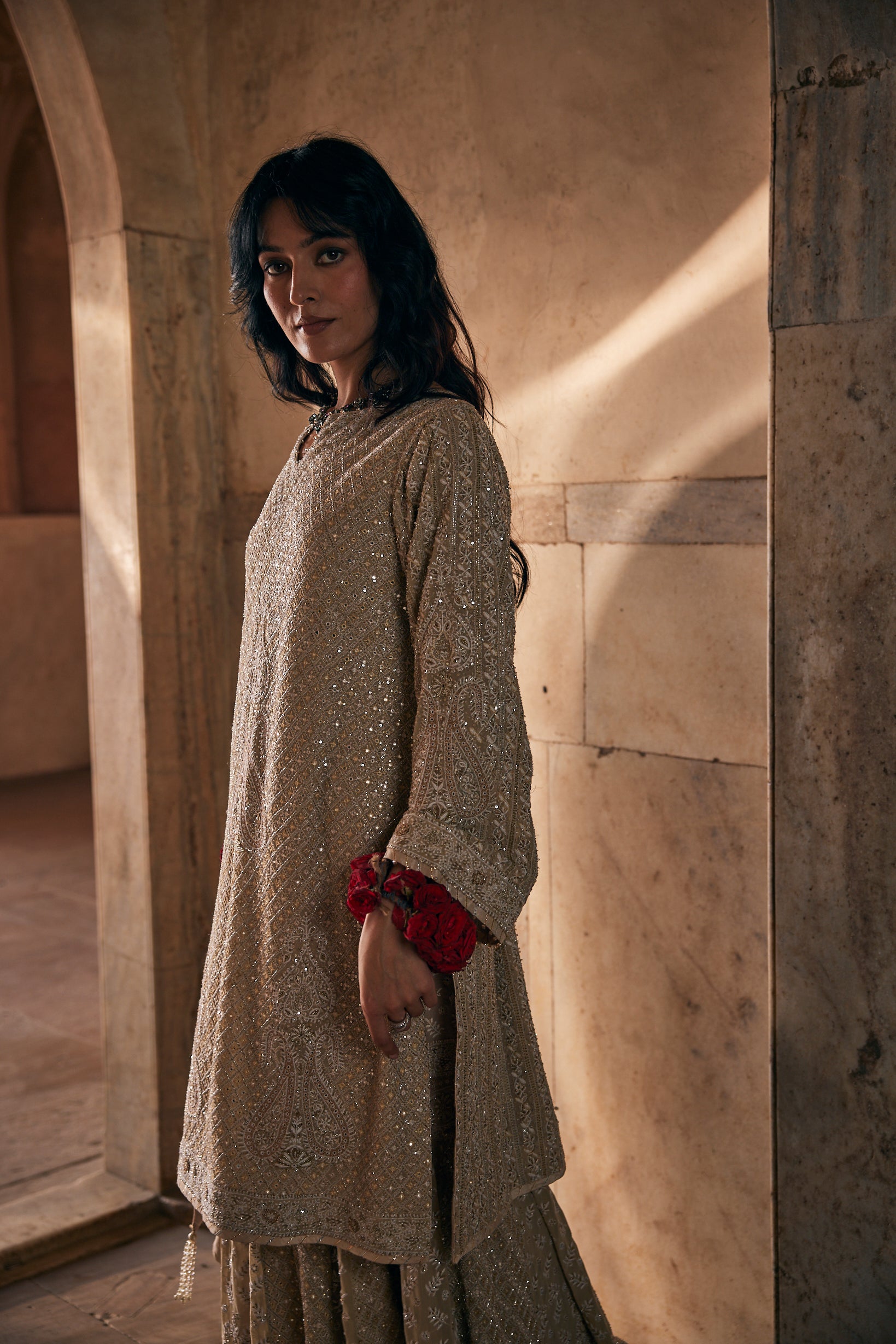 Kalki Sharara Set - Beige Georgette Paisley Sharara Set