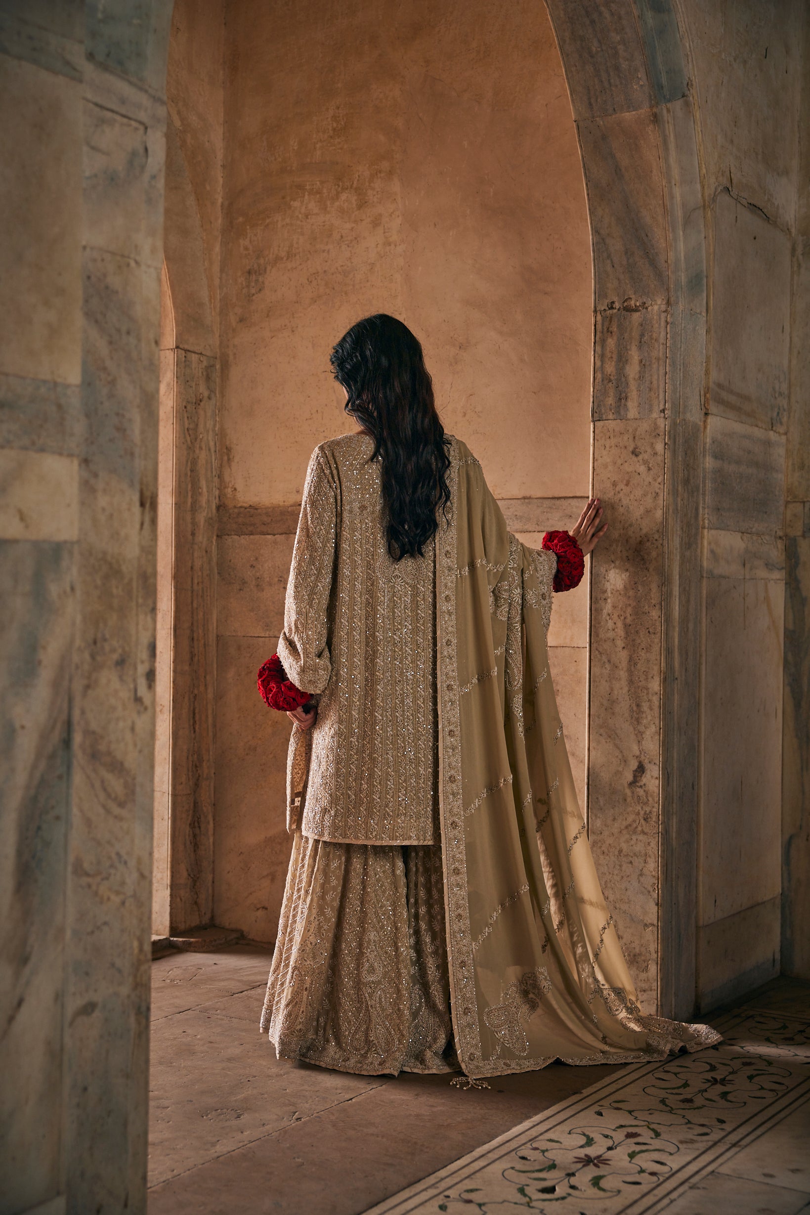 Kalki Sharara Set - Beige Georgette Paisley Sharara Set