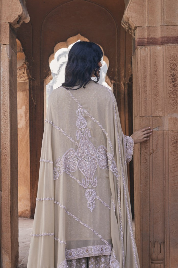 Kalki Sharara Set - Beige Georgette Paisley Sharara Set