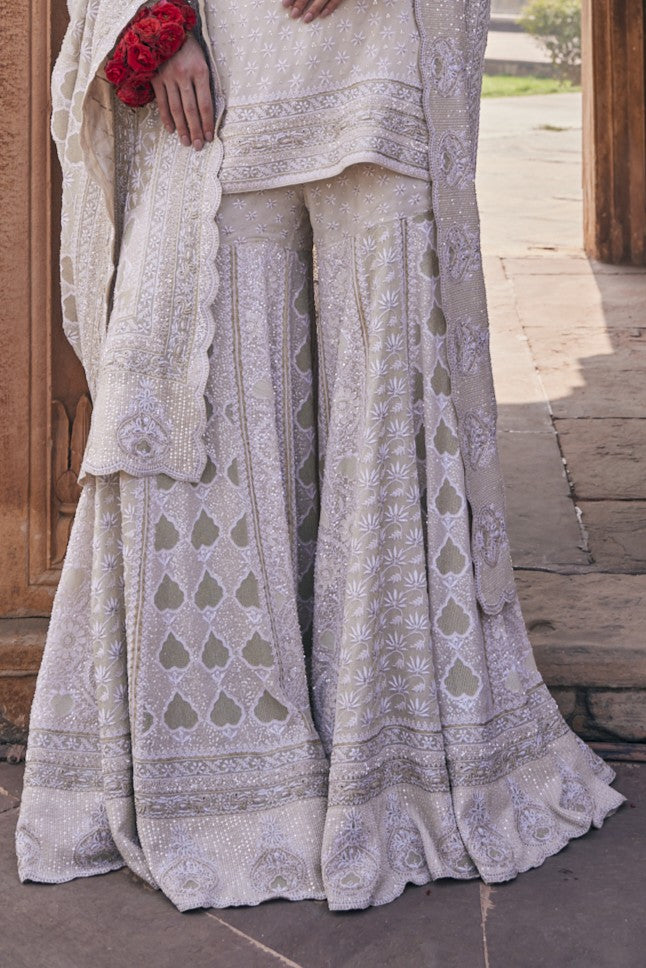 Zoya Sharara Set - Ivory Do-Taar Chikankari Jaali Sharara Set