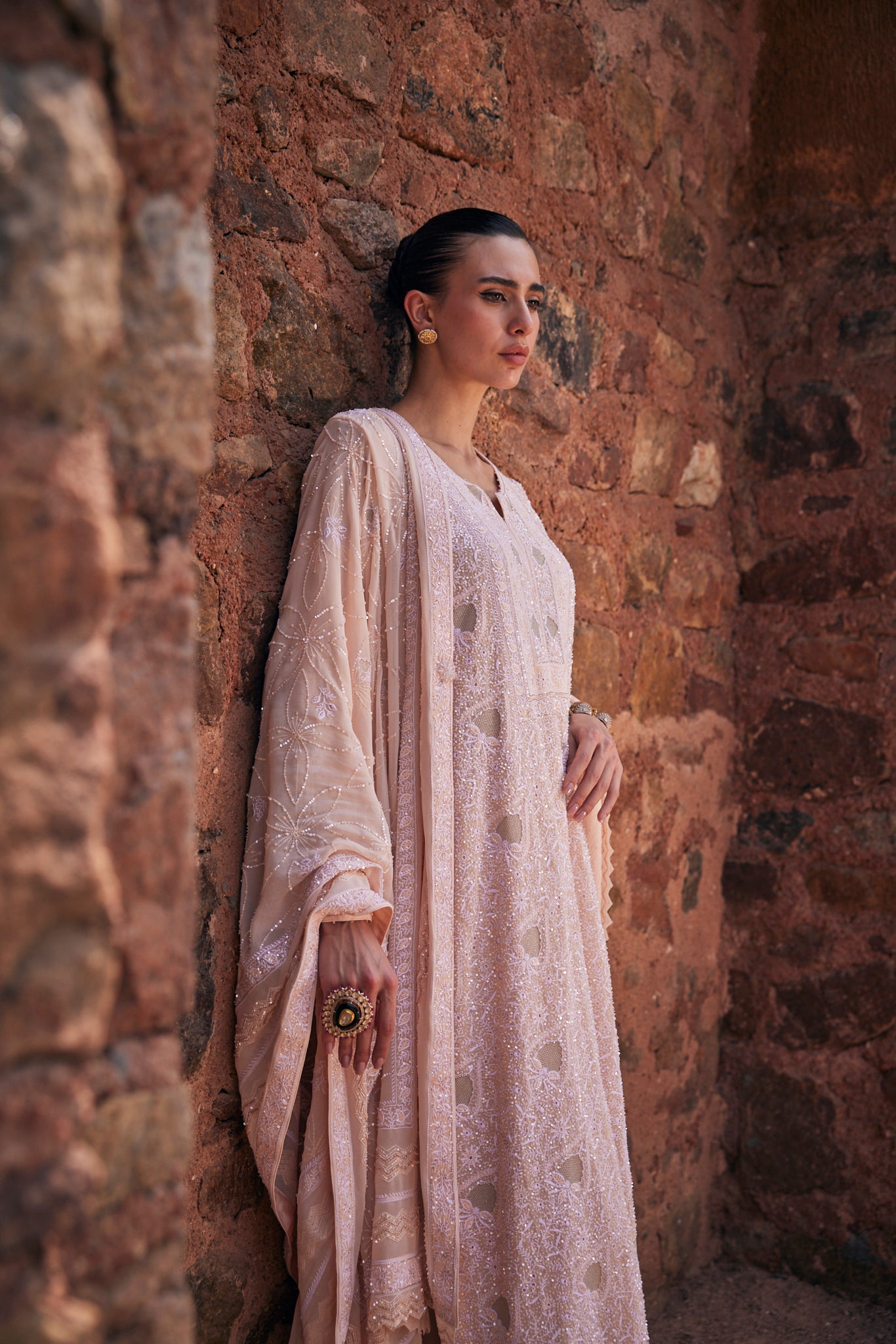 Sahar Kurta Set - Peach Jaali Chikankari Kurta Set