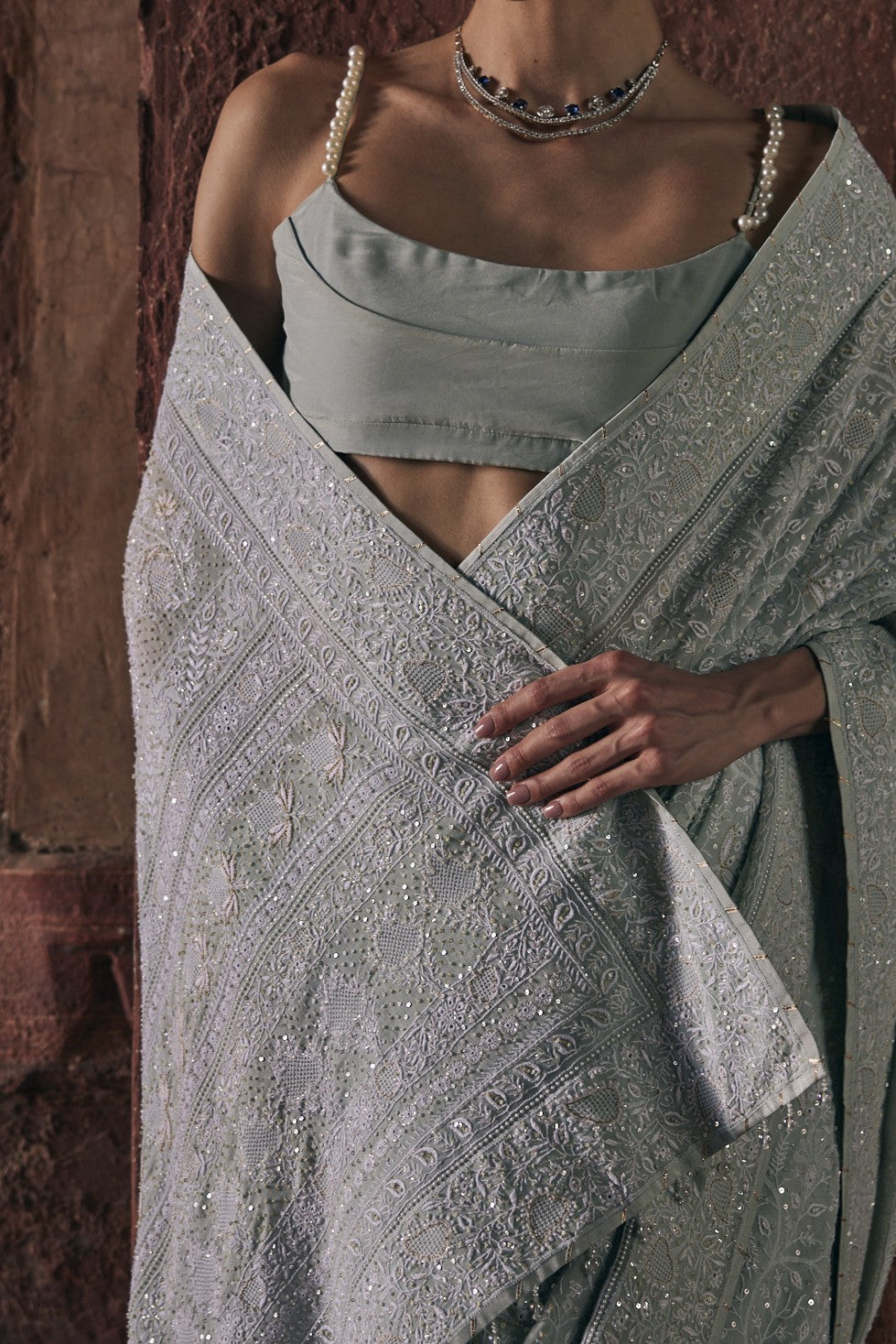 Aira Saree - Aqua Blue Chikankari & Jaal Saree