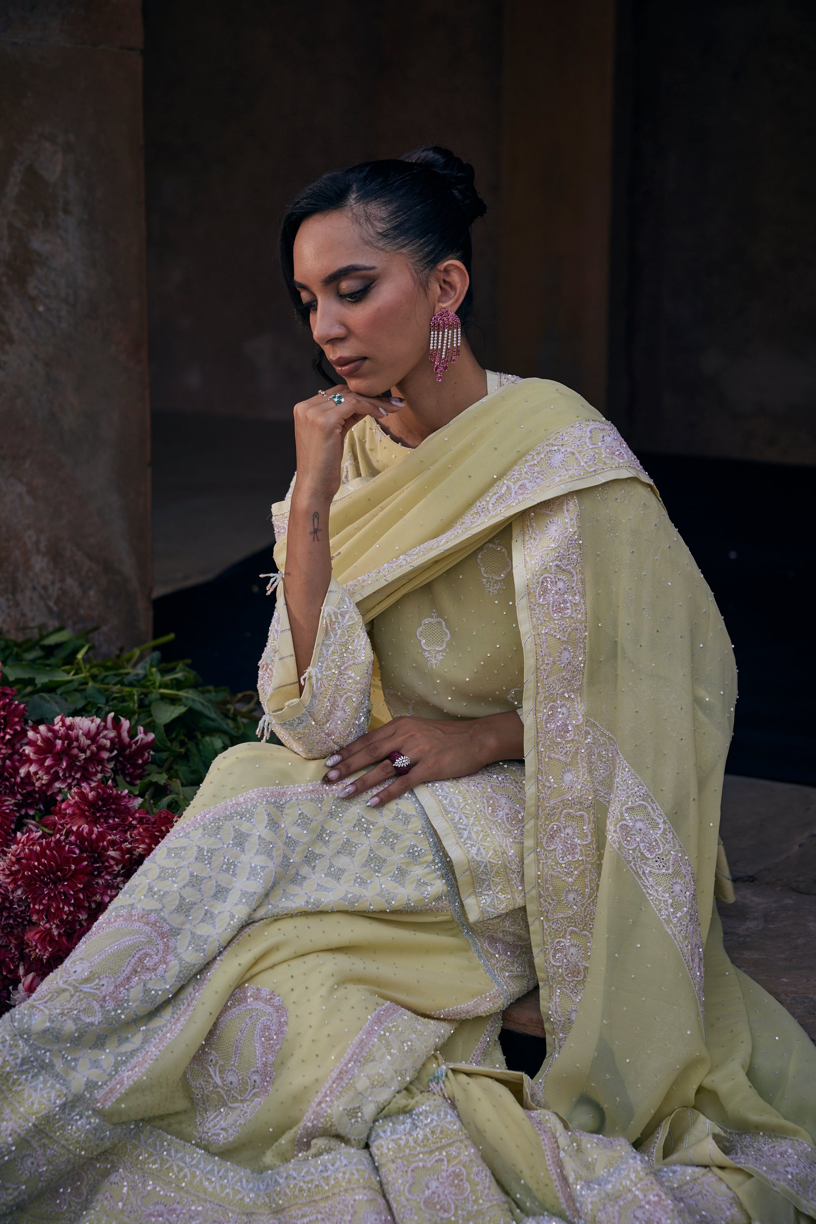 Naira Sharara Set - Yellow Georgette Floral Sharara Set