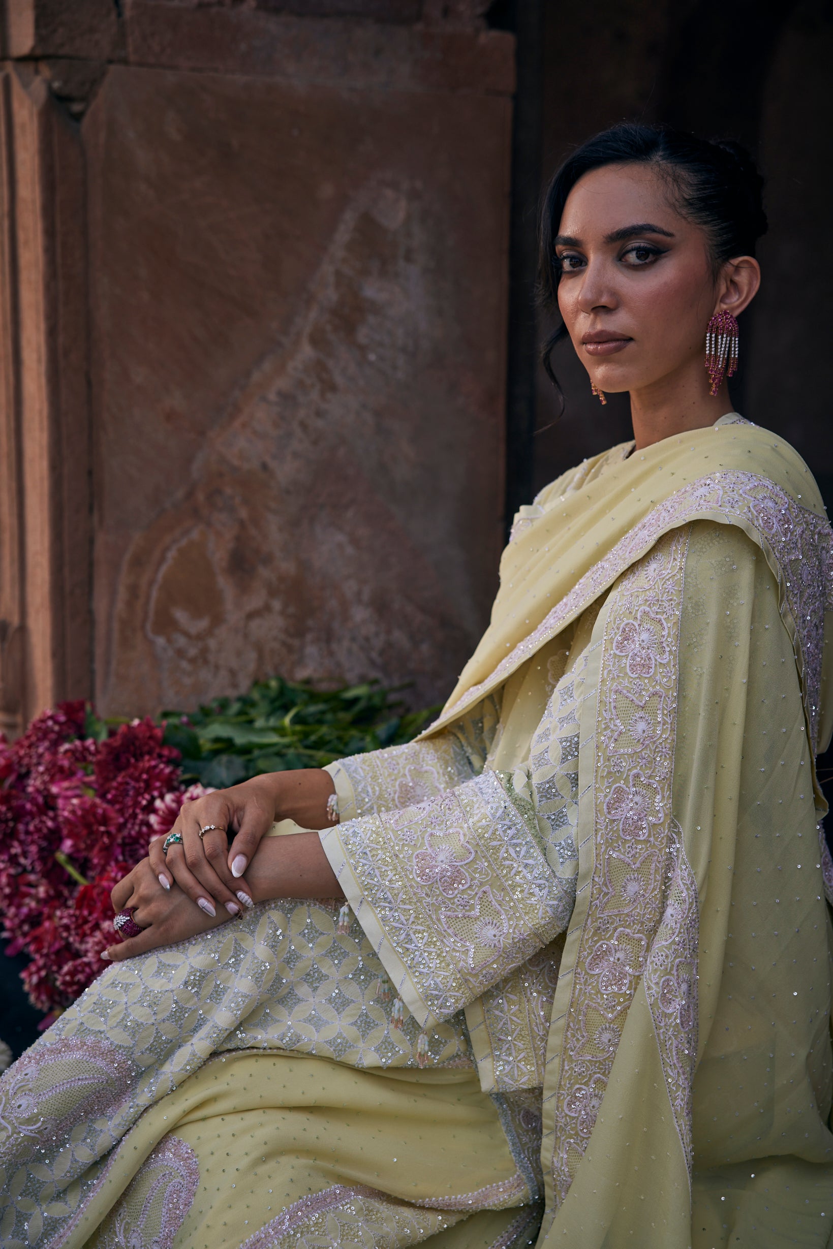 Naira Sharara Set - Yellow Georgette Floral Sharara Set