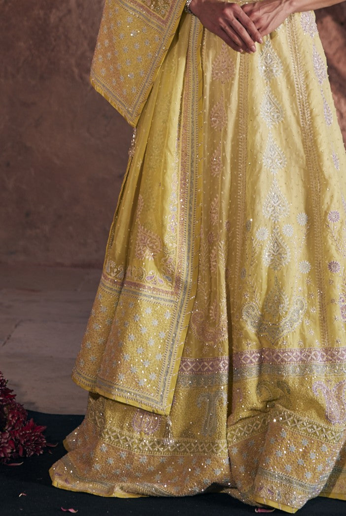 Tara Lehenga Set - Yellow Organza Multi-Sequins & Cutdana Chikankari Lehenga Set
