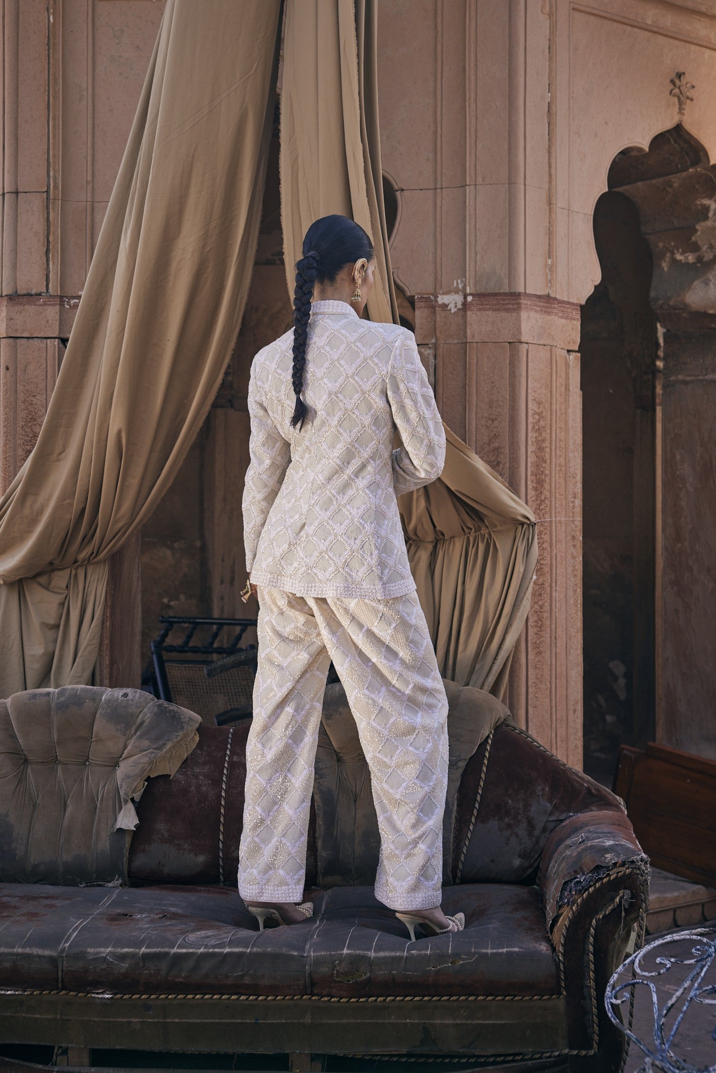 Kaya Blazer Set - Ivory Georgette Signature Awadhi Jali Blazer Set