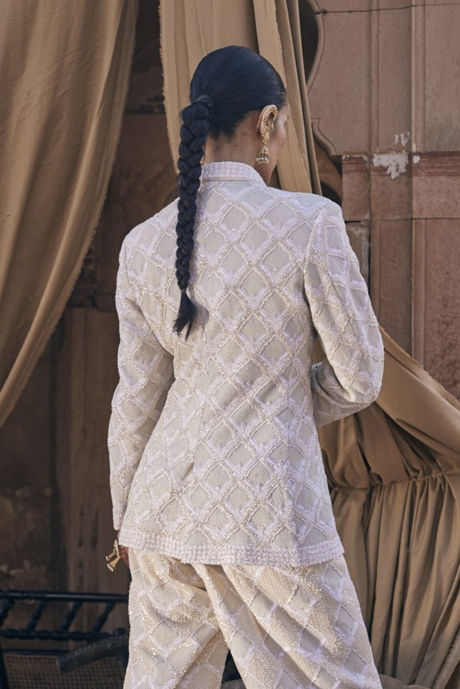 Kaya Blazer Set - Ivory Georgette Signature Awadhi Jali Blazer Set