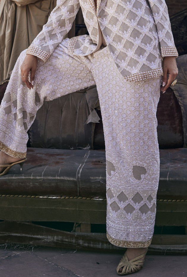 Nura Blazer Set - Ivory Gold Chikankari & Jaali Blazer Set