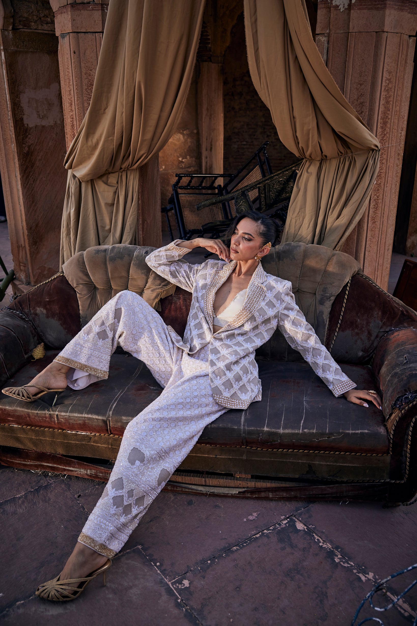 Nura Blazer Set - Ivory Gold Chikankari & Jaali Blazer Set