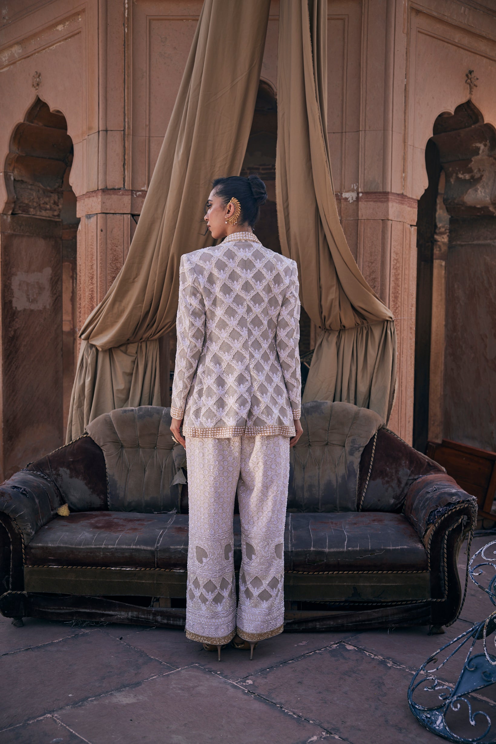 Nura Blazer Set - Ivory Gold Chikankari & Jaali Blazer Set