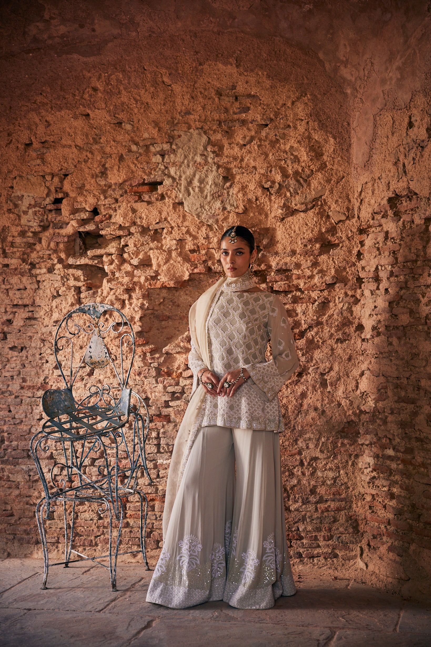 Eira Sharara Set - Sage Green Georgette Chikankari Deer Sharara Set