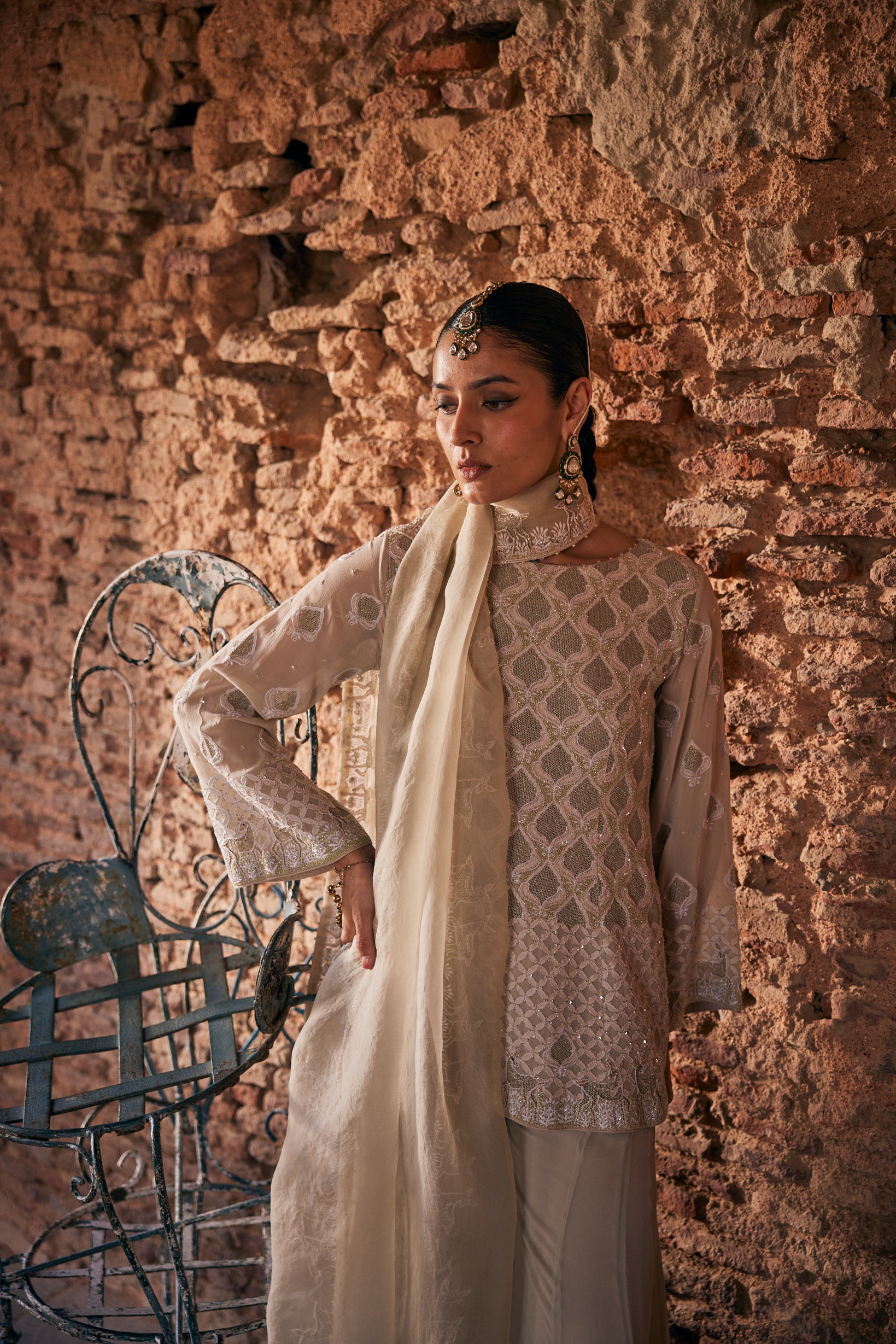 Eira Sharara Set - Sage Green Georgette Chikankari Deer Sharara Set