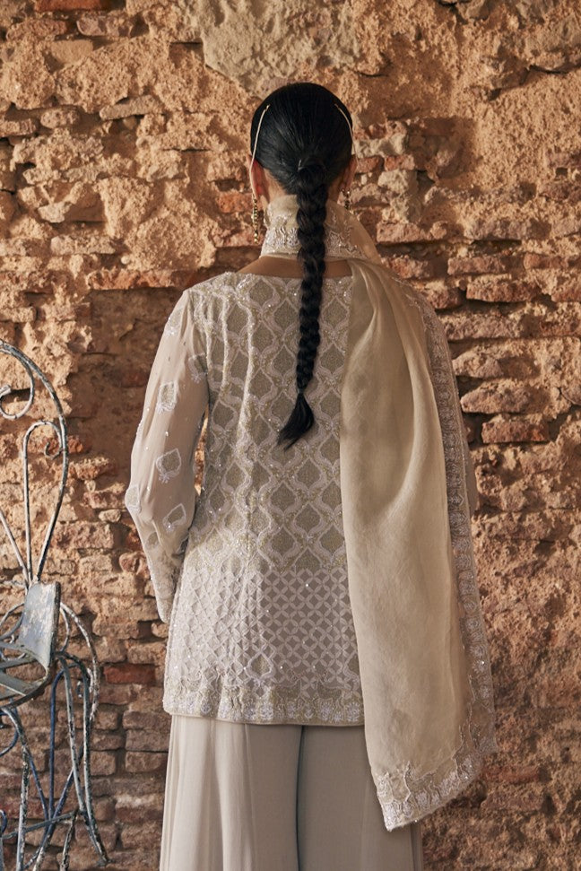 Eira Sharara Set - Sage Green Georgette Chikankari Deer Sharara Set