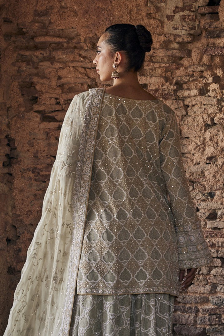 Mehrab Sharara Set - Green Georgette Chikankari Do-Taar Jaali Sharara Set