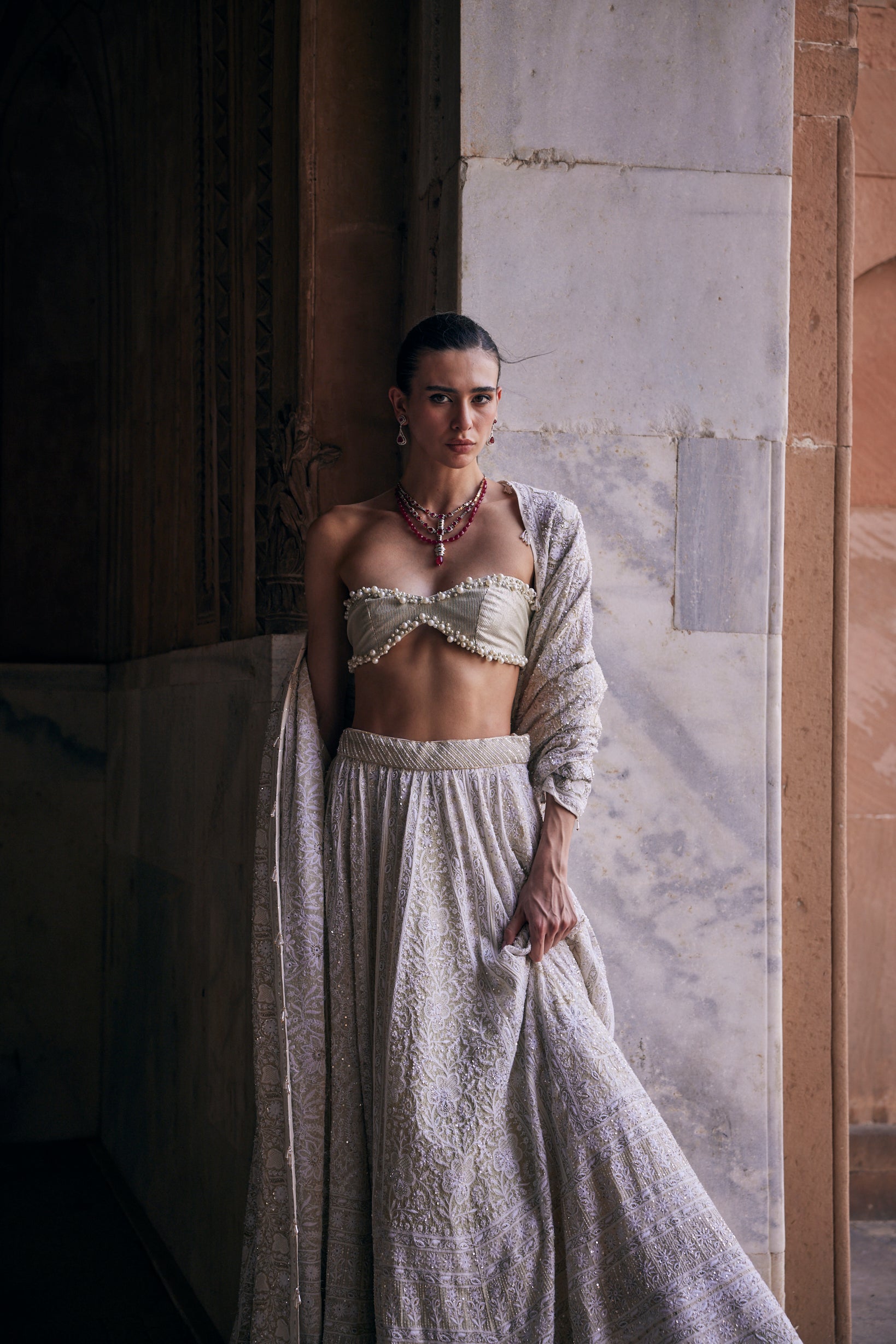 Inayat Lehenga Set - Sage Green Georgette Chikankari Floral Lehenga Set