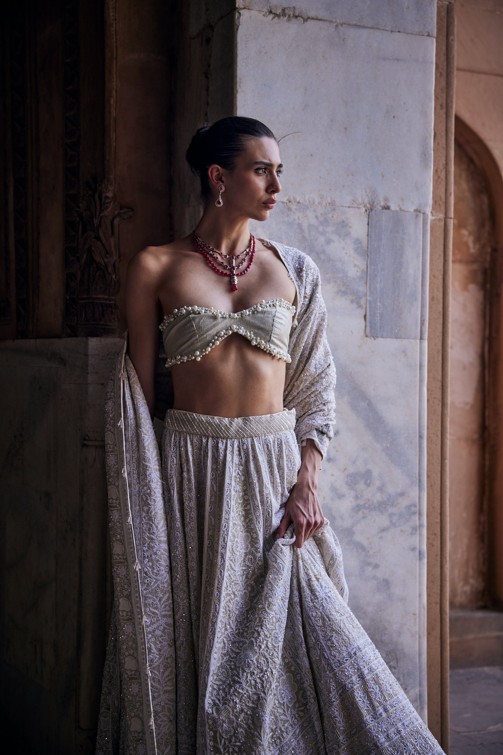 Inayat Lehenga Set - Sage Green Georgette Chikankari Floral Lehenga Set