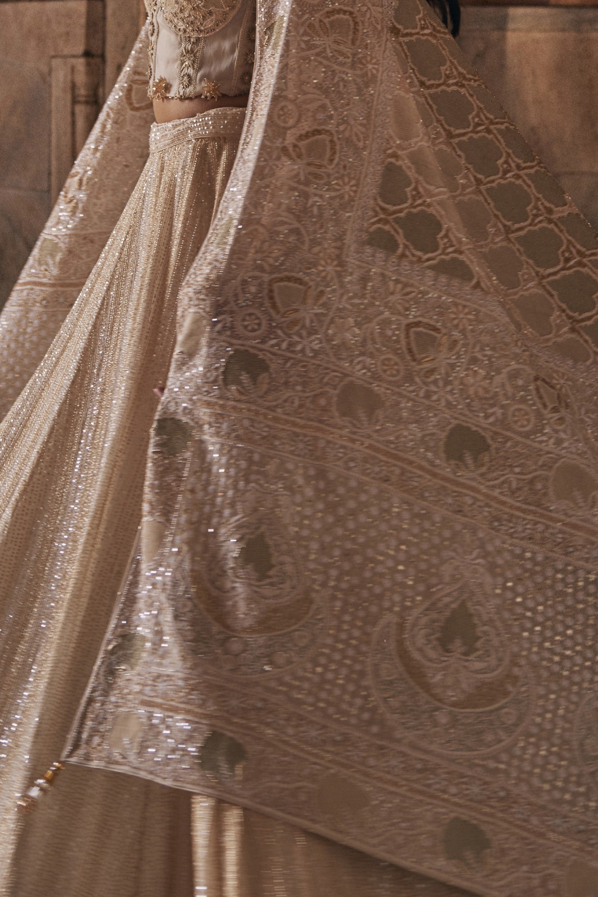 Mahnoor Lehenga Set - Ivory Gold Signature Chand Dupatta Lehenga Set