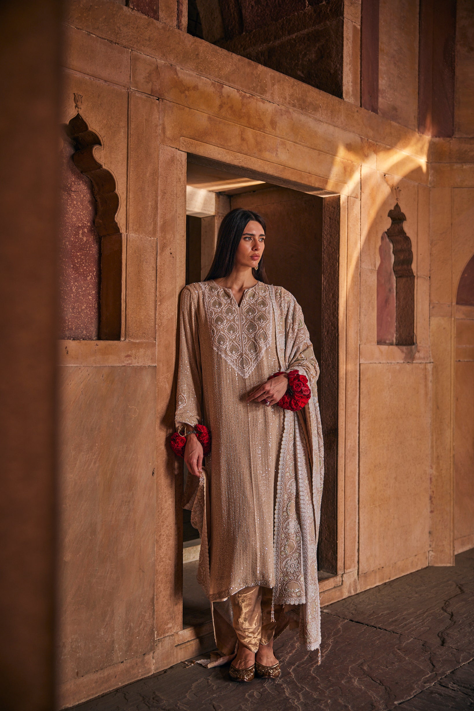 Kanz Kurta Set - Ivory Gold Chikankari Kurta Set