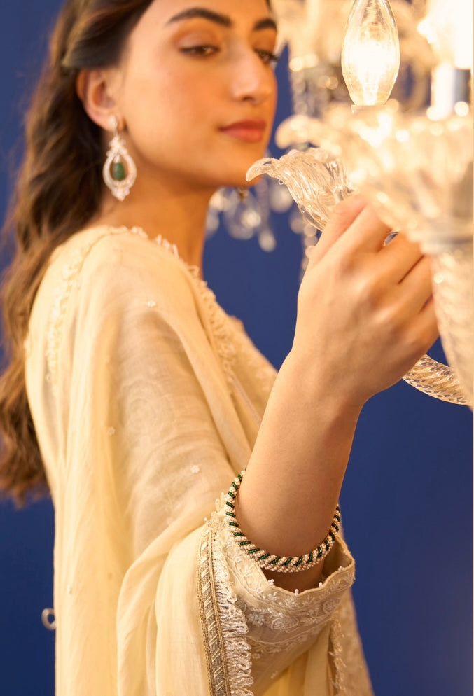Cream Mul Chanderi Chikankari Straight Kurta Set