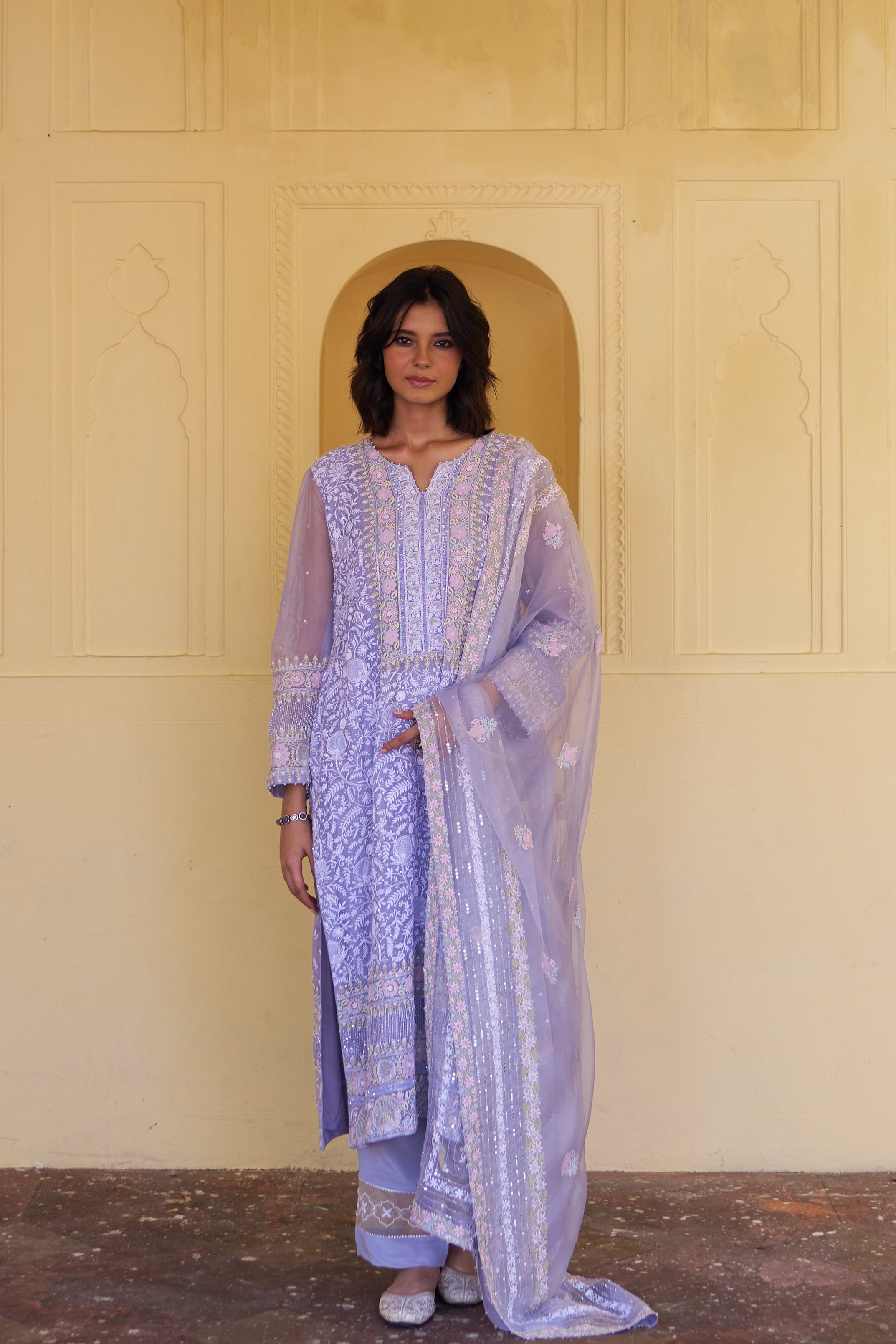 Mitali from House of Misu in our Periwinkle Premium Organza Chikankari Kurta Set
